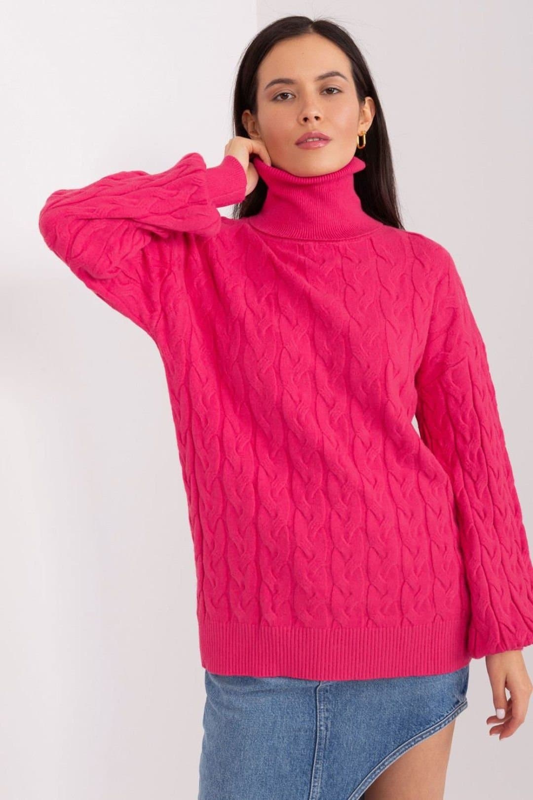 Love Lace Love Lace Women's Plaid Turtleneck Long Sleeve Sweater in Fuchsia