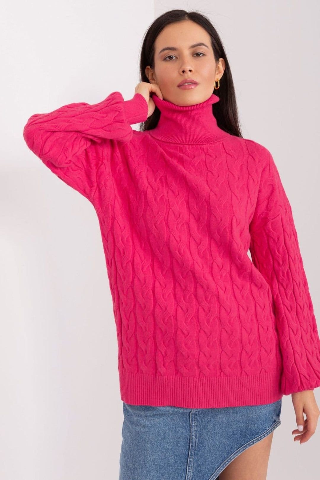 Love Lace Fuchsia Plaid Turtleneck Long Sleeve Sweater