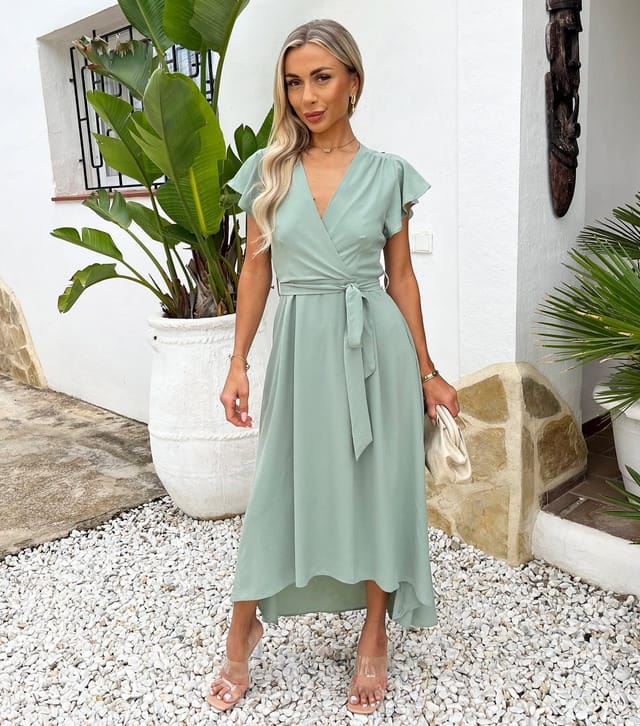 AX Paris Women's Mint Green Flutter Sleeve Belted Midi Dress AX Paris New Look - 2