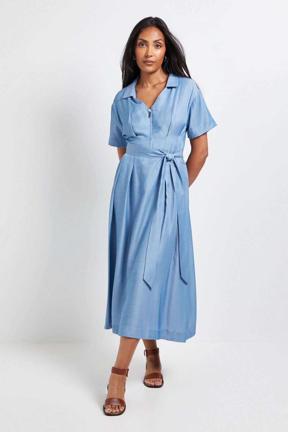 Wallis Wallis Women's Petite Denim Look Zip Belted Midi Dress in Light Wash