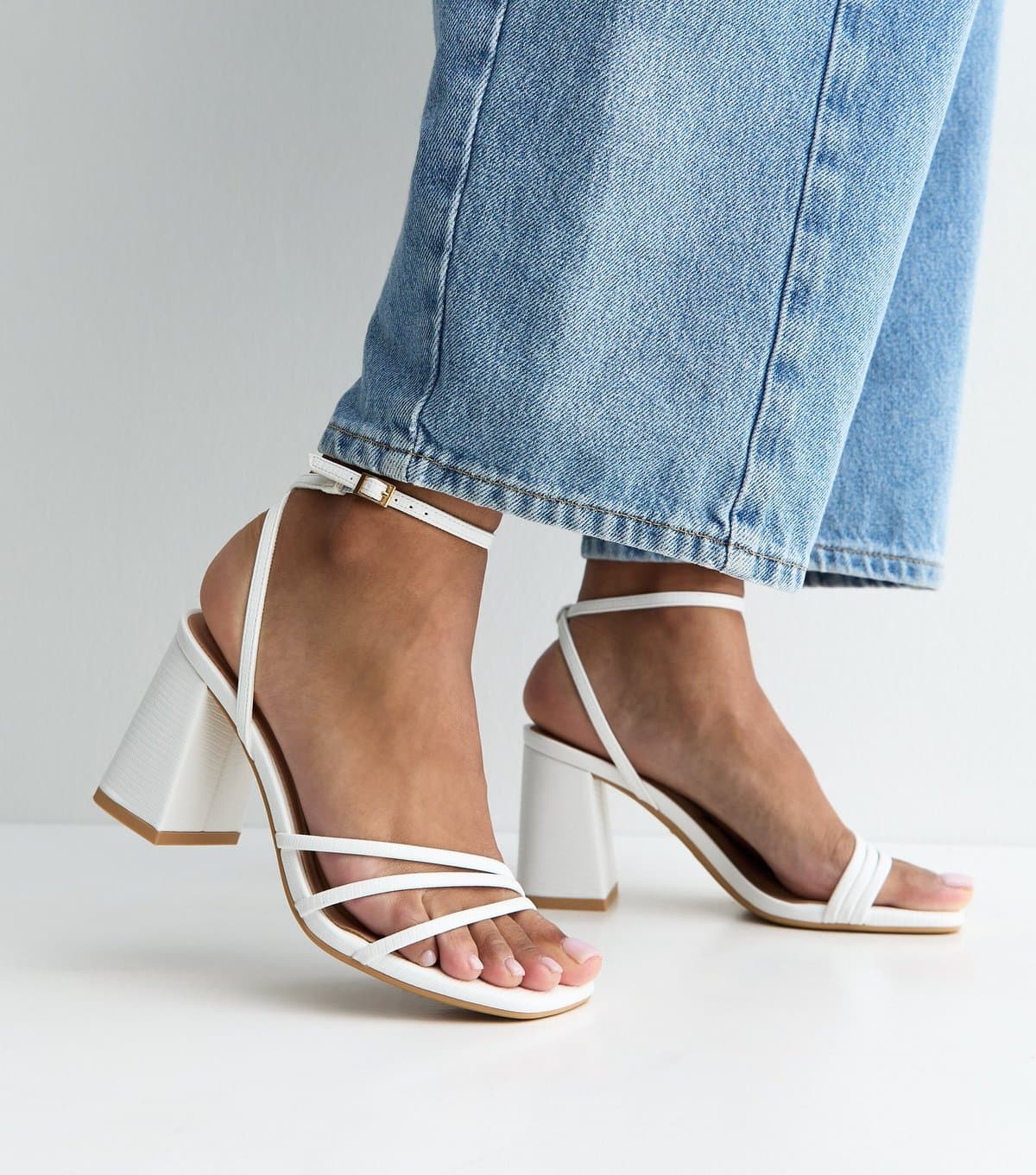 New Look Women's White Faux Leather Asymmetric Strap Block Heel Sandals Vegan New Look