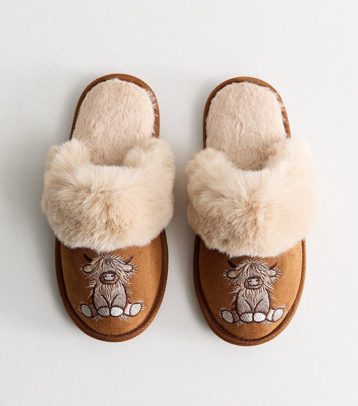 New Look Women's Tan Faux Fur Fluffy Embroidered Cow Slippers Vegan New Look