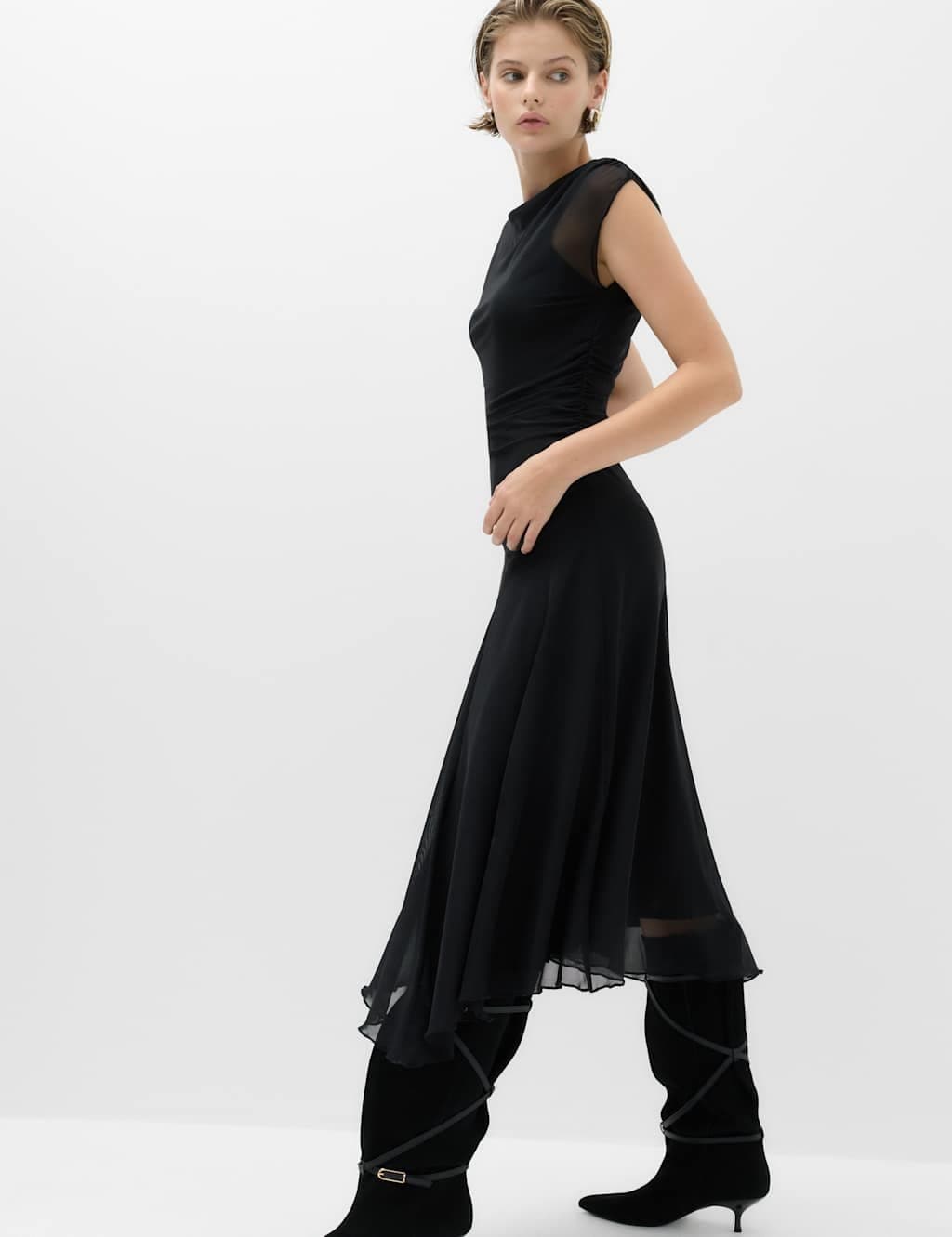 Marks & Spencer M&S Mesh Slash Neck Draped Midi Waisted Dress Black