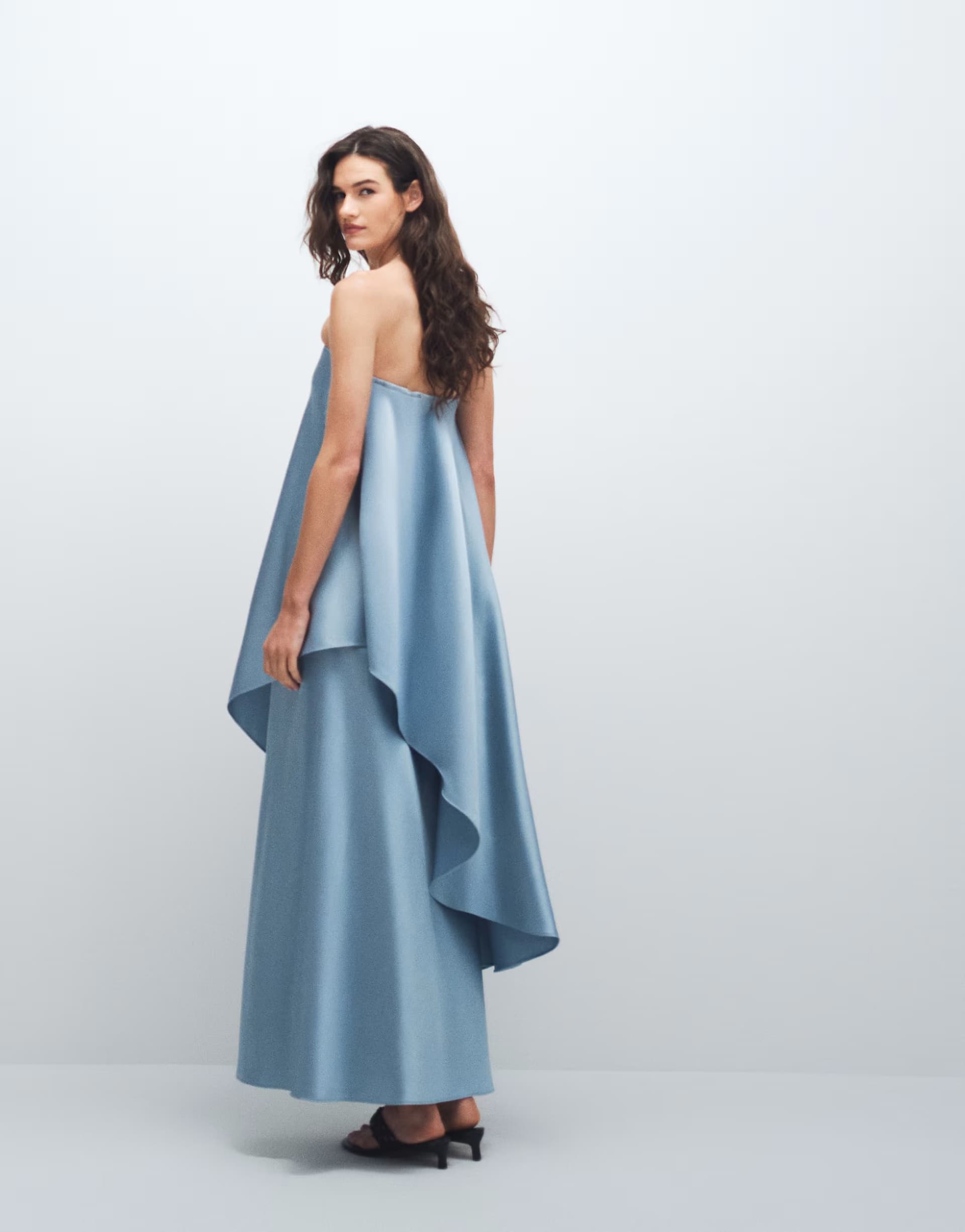 ASOS 4th & Reckless satin bandeau asymmetric drape layered maxi dress in light blue