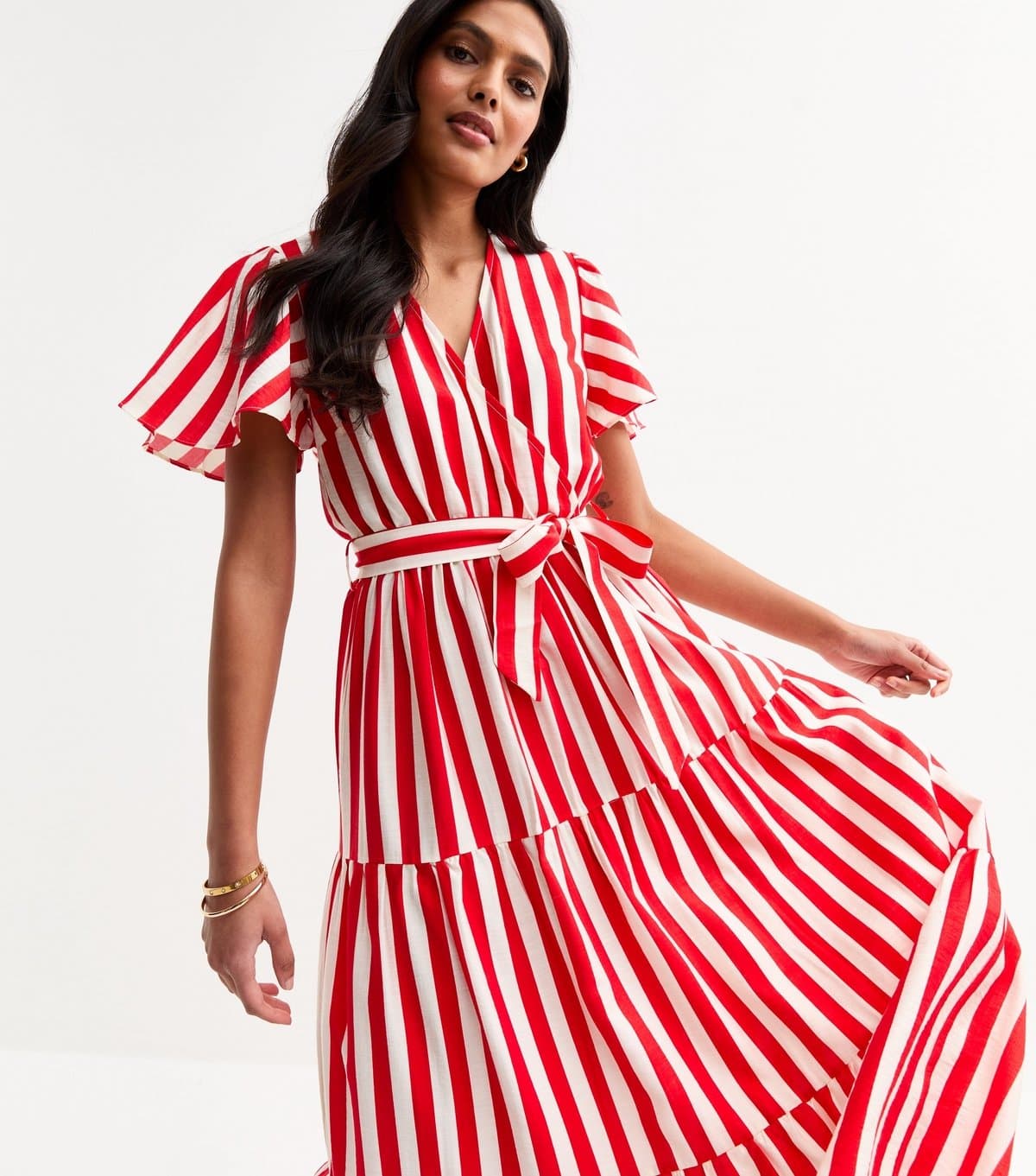 Gini London Women's Red Striped Belted Midi Dress Gini London New Look