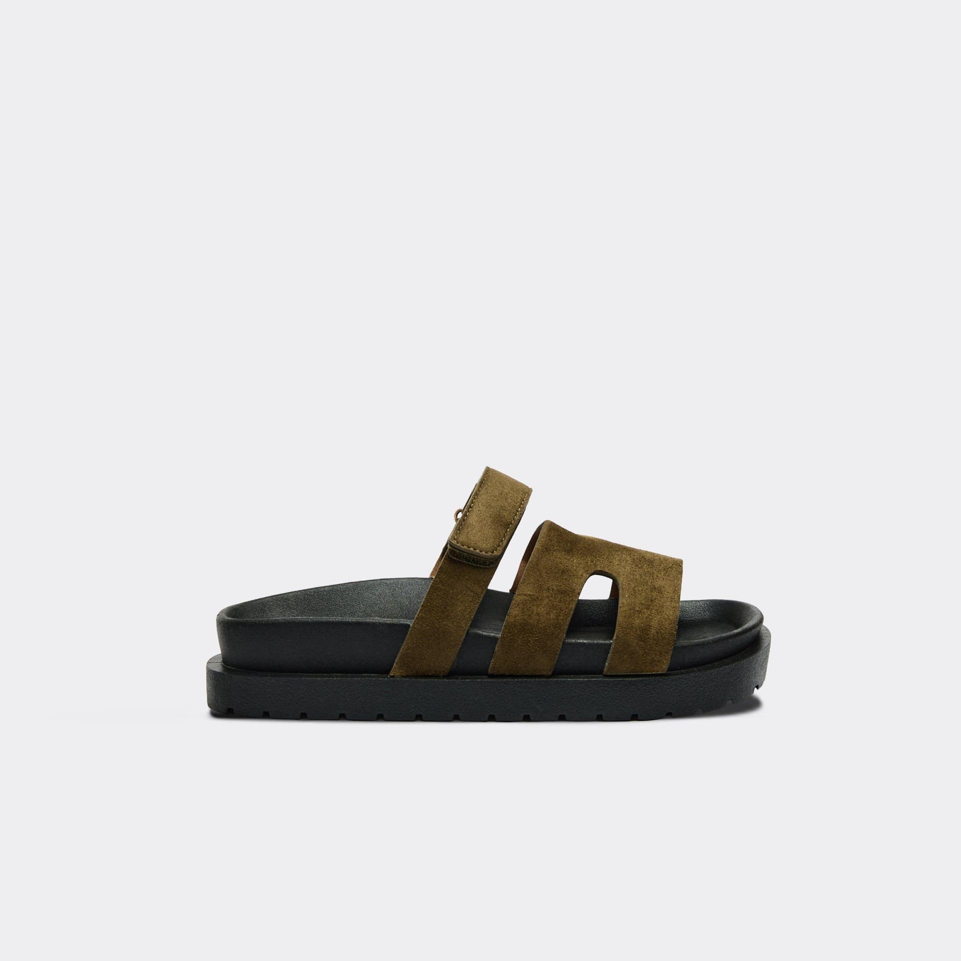 EGO Dawn Gladiator Velcro Strap Chunky Slider Sandal In Olive Faux Suede, Women's Size UK 3