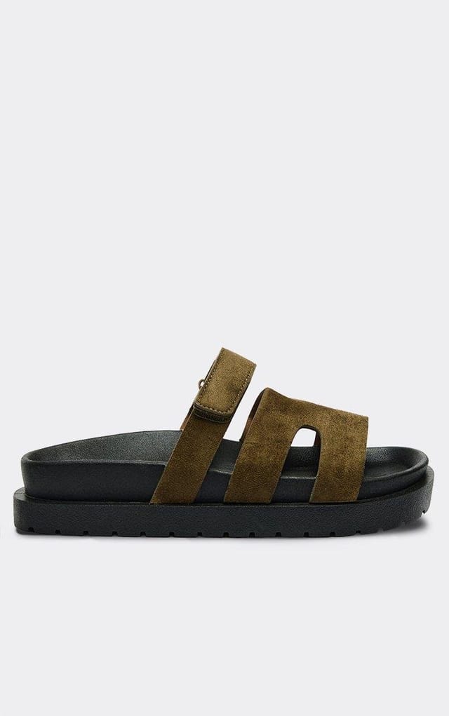 EGO Dawn Gladiator Velcro Strap Chunky Slider Sandal In Olive Faux Suede, Women's Size UK 3 - 2