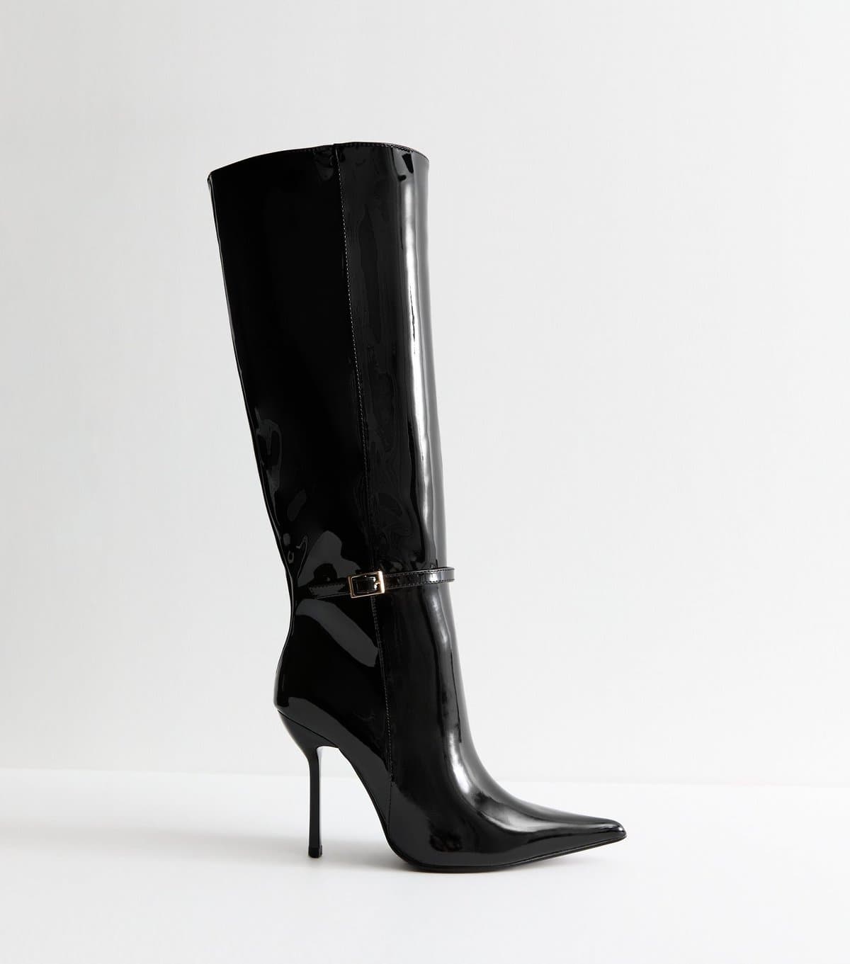 New Look Women's Black Patent Stiletto Heel Knee High Boots Vegan New Look