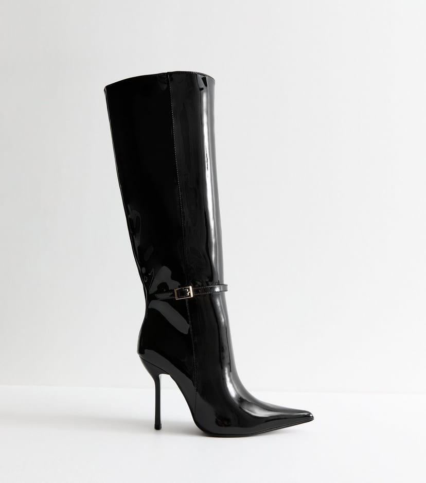 New Look Women's Black Patent Stiletto Heel Knee High Boots Vegan New Look - 1