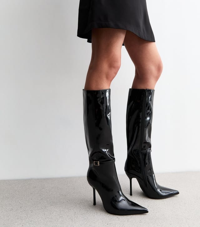 New Look Women's Black Patent Stiletto Heel Knee High Boots Vegan New Look - 2