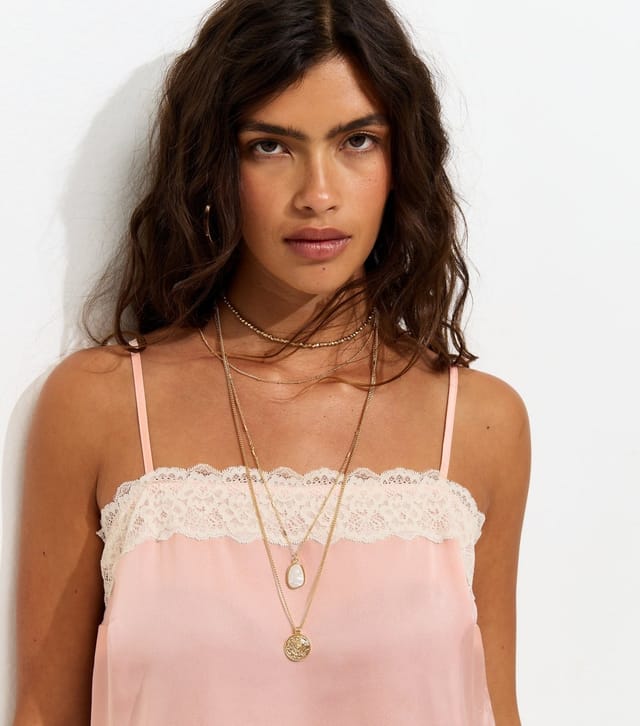 New Look Women's Pink Satin Lace Trim Longline Cami Top New Look - 2