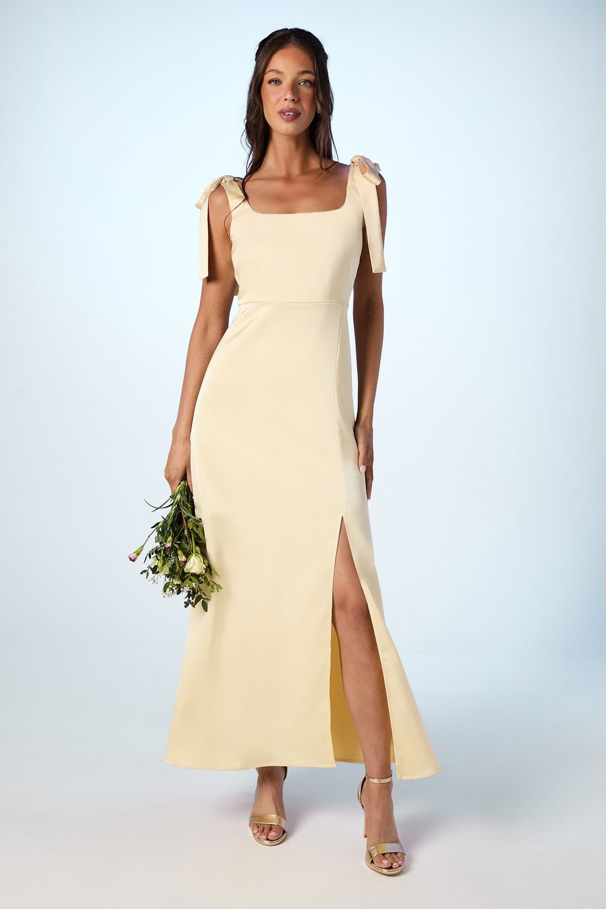 Oasis Oasis Women's Butter Yellow Satin Tie Shoulder Midi Bridesmaid Dress