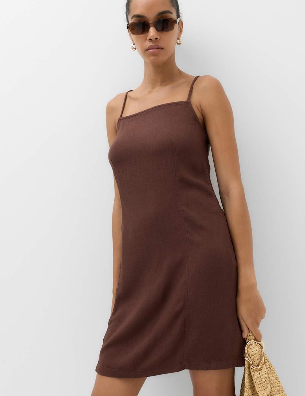 Marks & Spencer M&S Square Neck Mini Shift Dress with Linen Peat