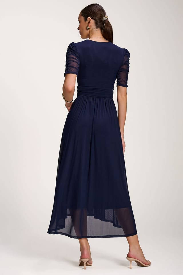 Jolie Moi Jolie Moi Women's Mesh Ruched Sleeve Maxi Dress in Navy - 2