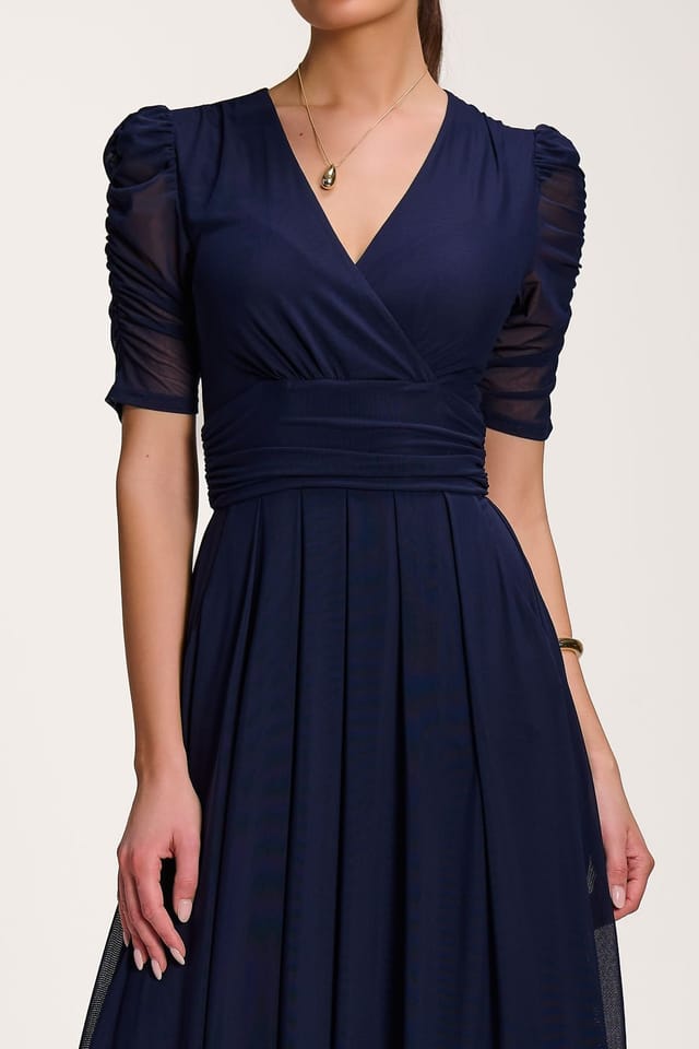 Jolie Moi Jolie Moi Women's Mesh Ruched Sleeve Maxi Dress in Navy - 3