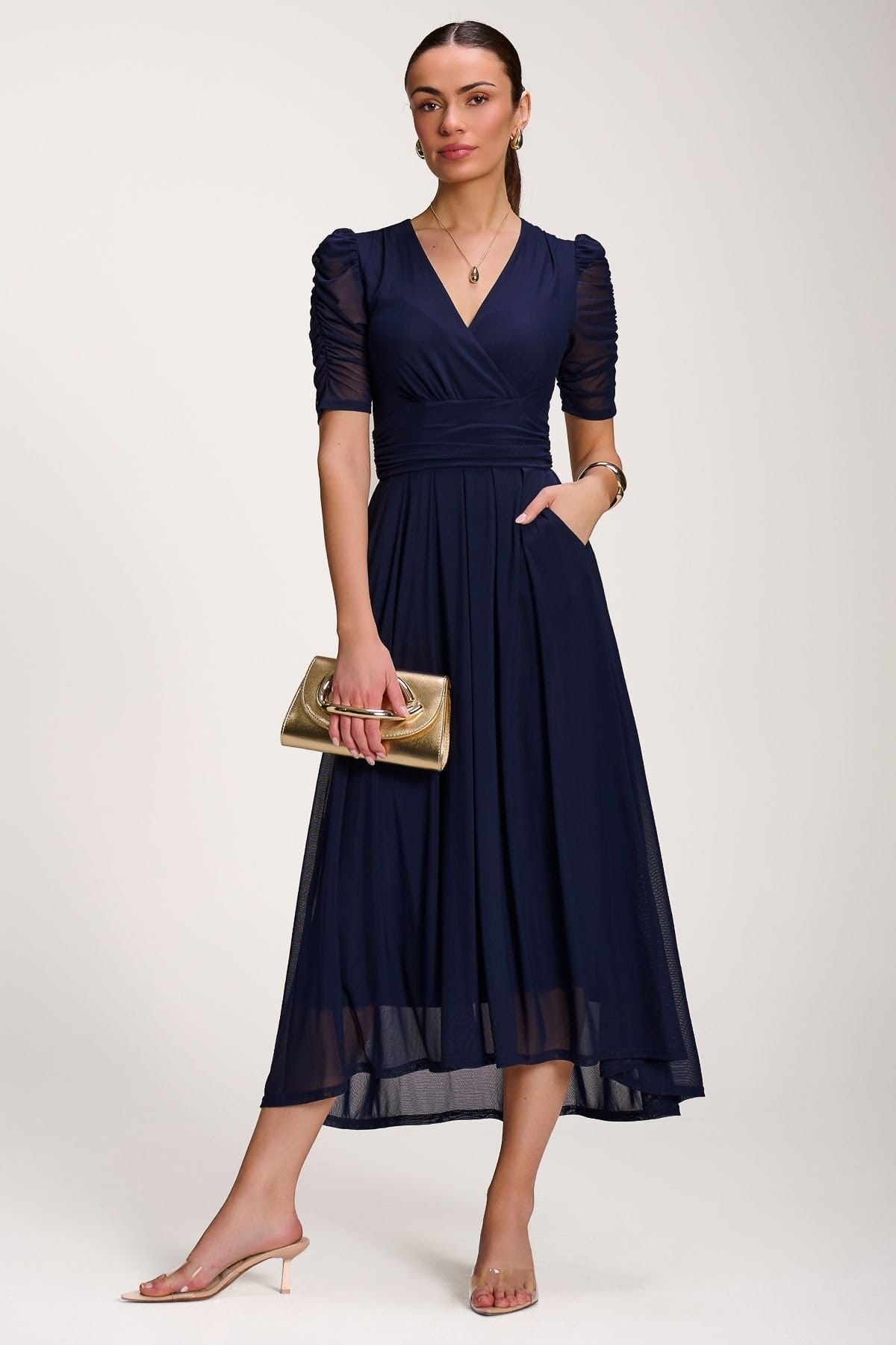 Jolie Moi Jolie Moi Women's Mesh Ruched Sleeve Maxi Dress in Navy - 4
