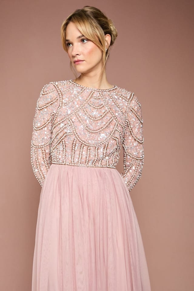 Coast Coast Women's Honoured Long Sleeve Sequin Bodice Tulle Skirt Maxi Bridesmaid Dress in Blush - 2