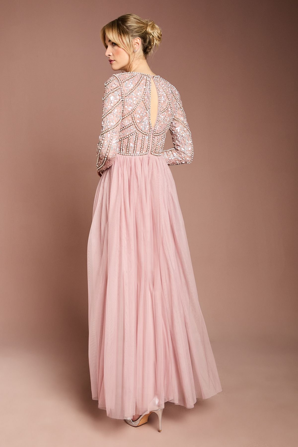 Coast Coast Women's Honoured Long Sleeve Sequin Bodice Tulle Skirt Maxi Bridesmaid Dress in Blush - 3