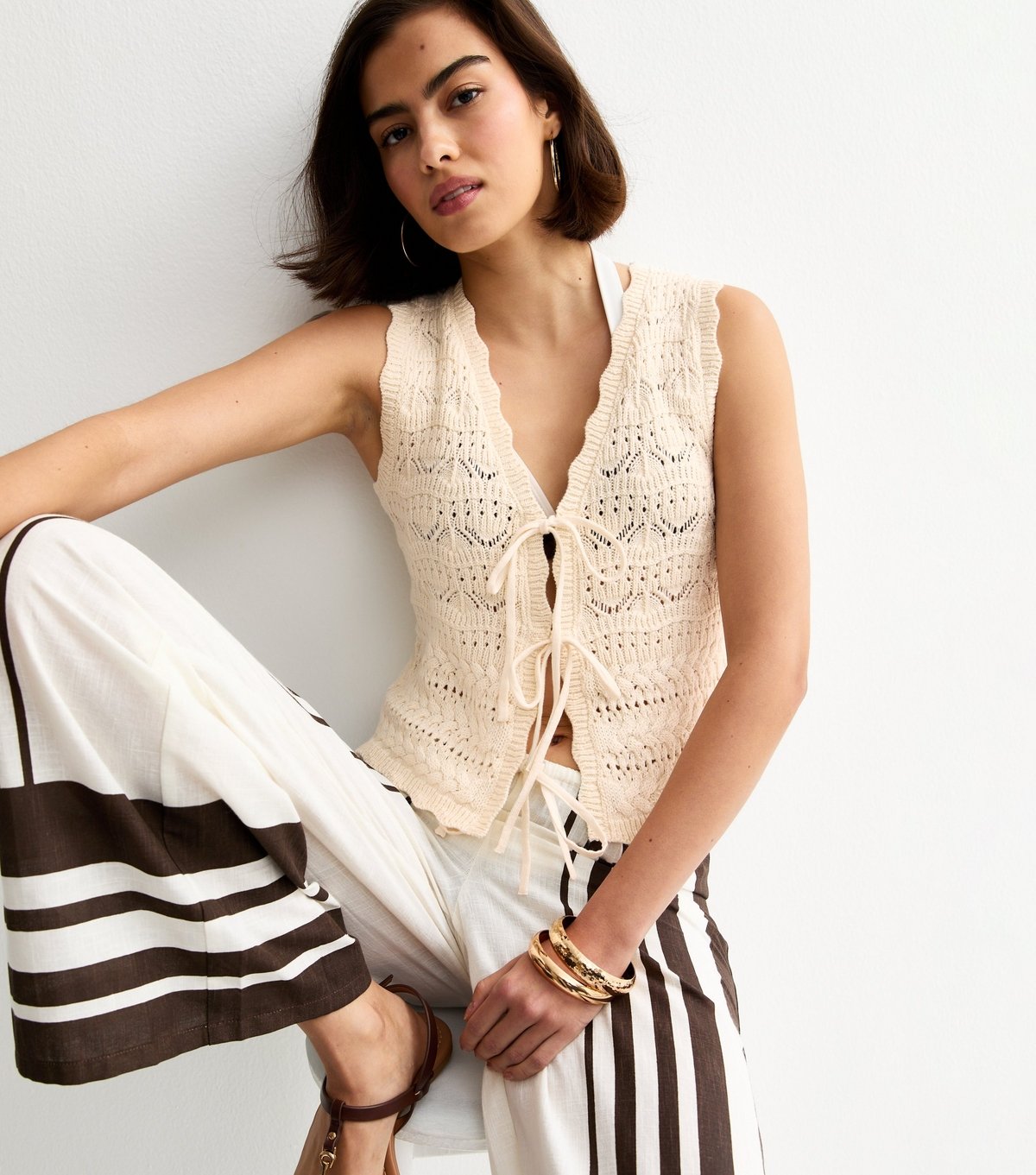 New Look Women's Cream Cotton Rich Wave Stitchy Tie Waistcoat New Look - 2