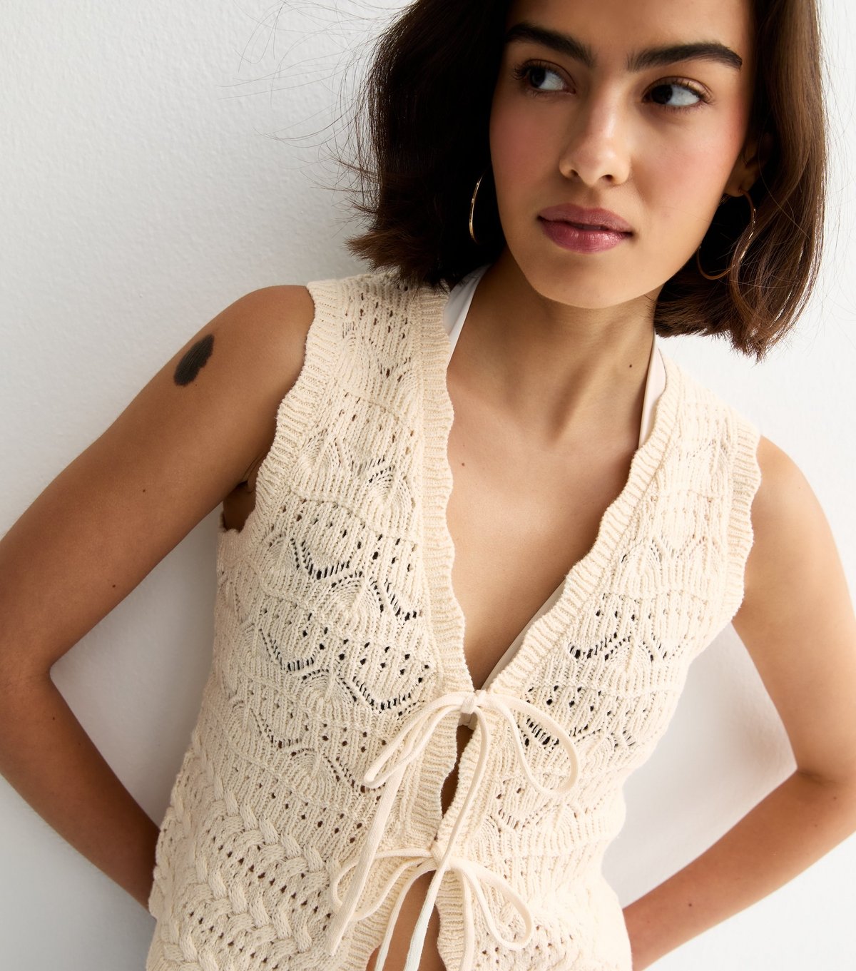 New Look Women's Cream Cotton Rich Wave Stitchy Tie Waistcoat New Look - 3