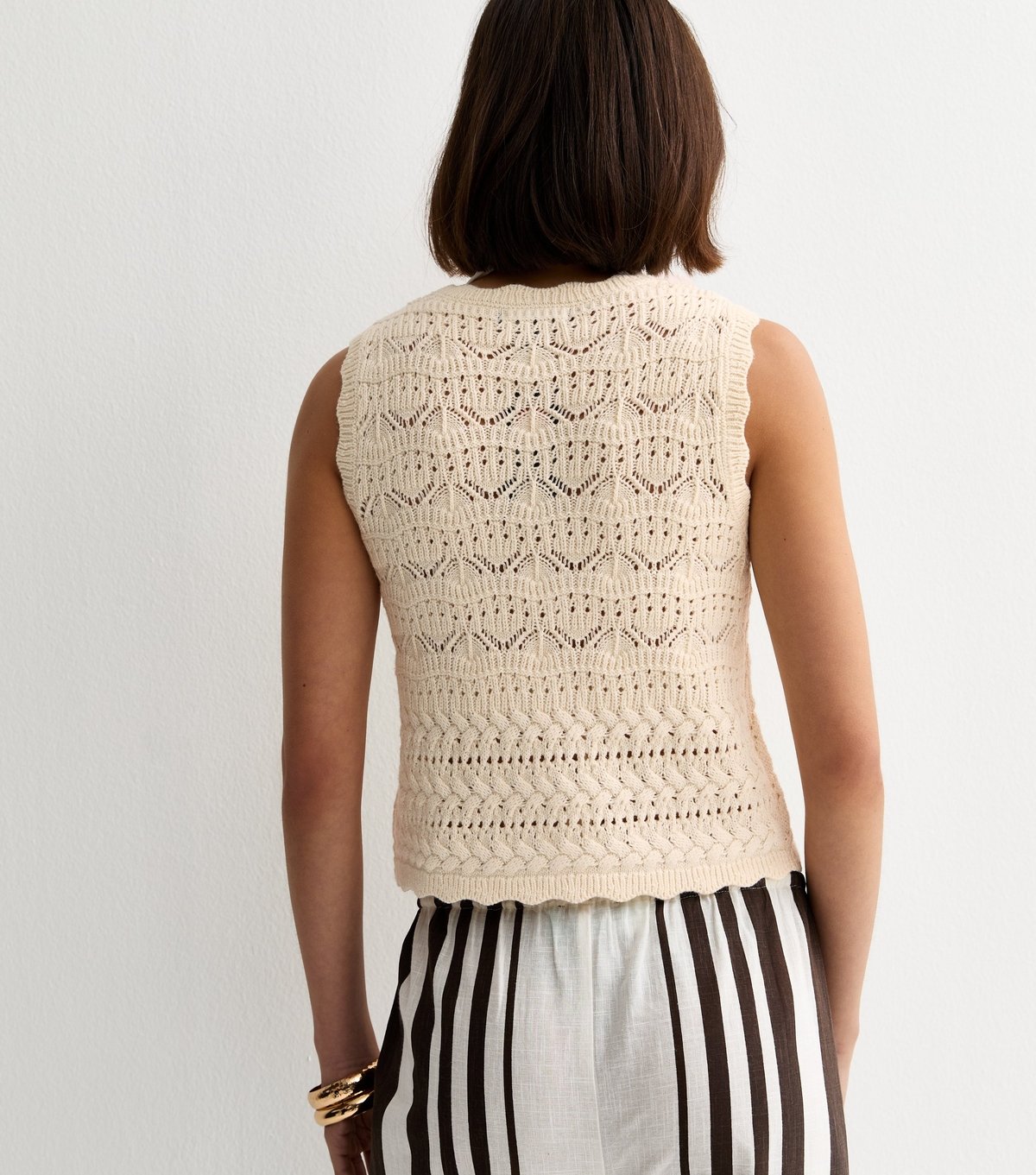 New Look Women's Cream Cotton Rich Wave Stitchy Tie Waistcoat New Look - 4