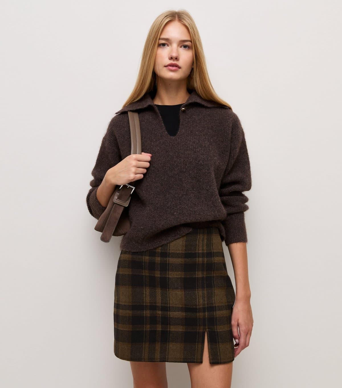 New Look Women's Brown Brushed Check Front Split Mini Skirt New Look