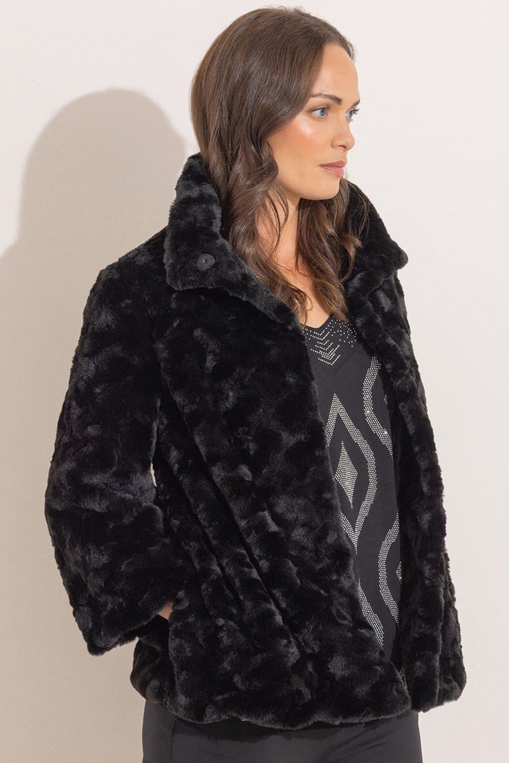 Klass. Klass. Women's Textured Three Quarter Sleeve Faux Fur Coat in Black