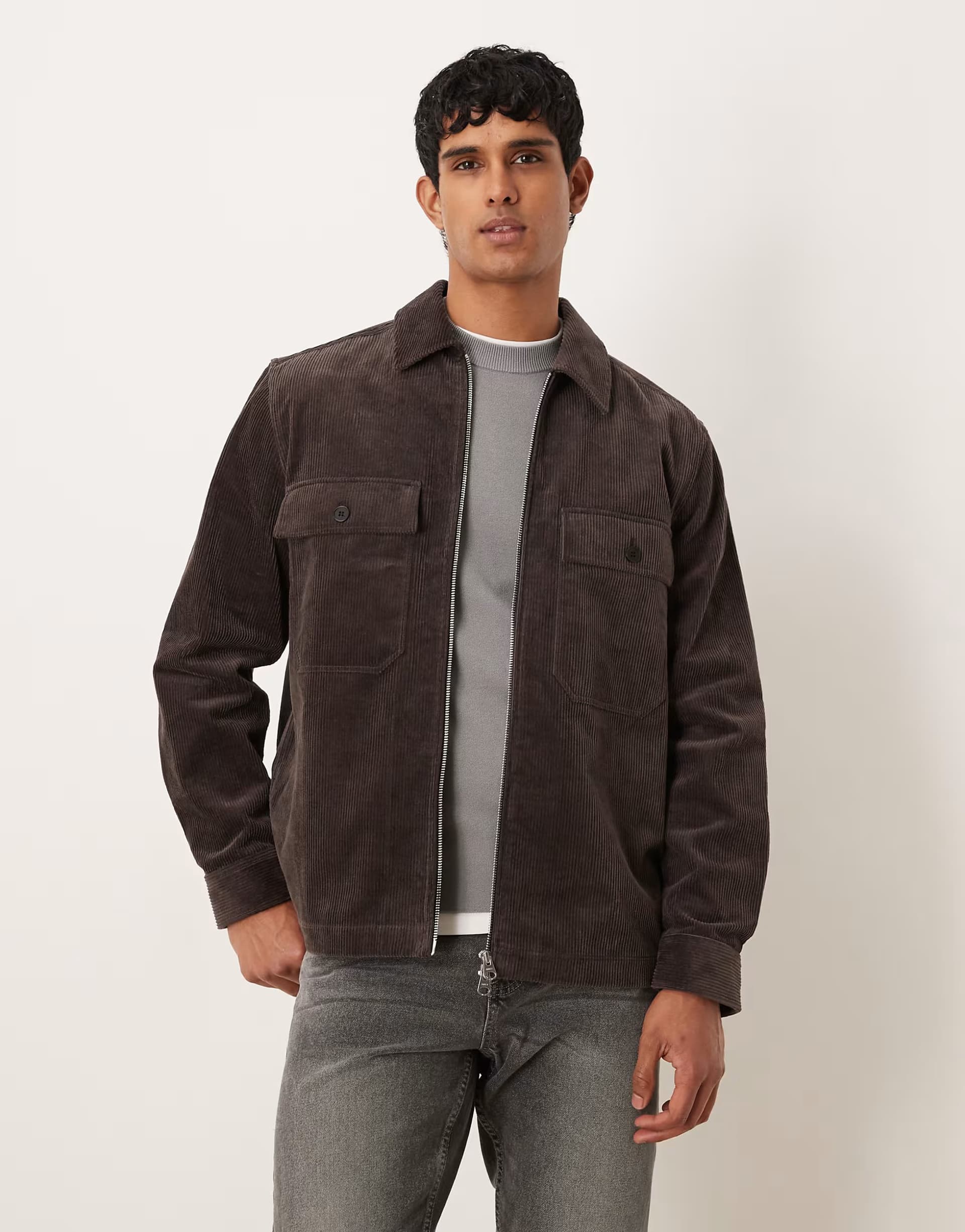 ASOS ARKET cord oversized zip up overshirt in dark brown