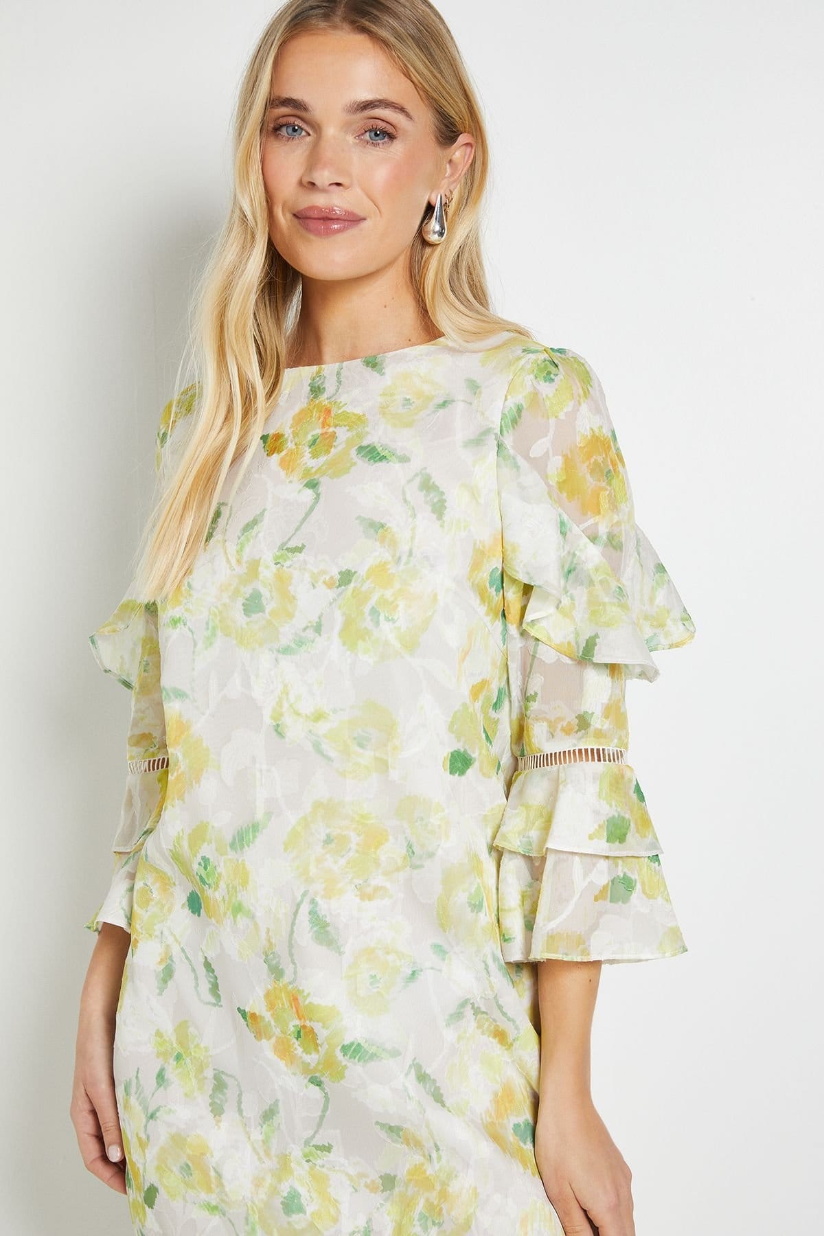 Wallis Wallis Women's Petite Floral Burn Out Ruffle Shift Dress in Ivory - 4