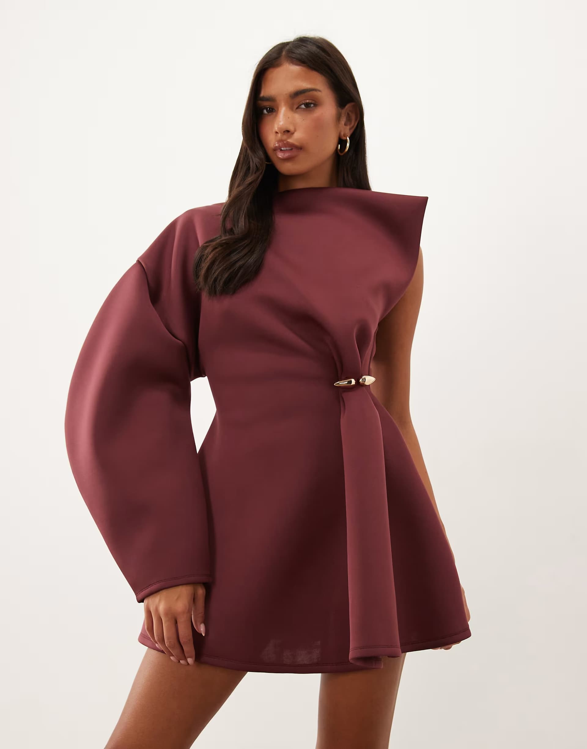 ASOS ASOS DESIGN gold hardware structured mini dress in one shoulder in wine scuba-style fabric