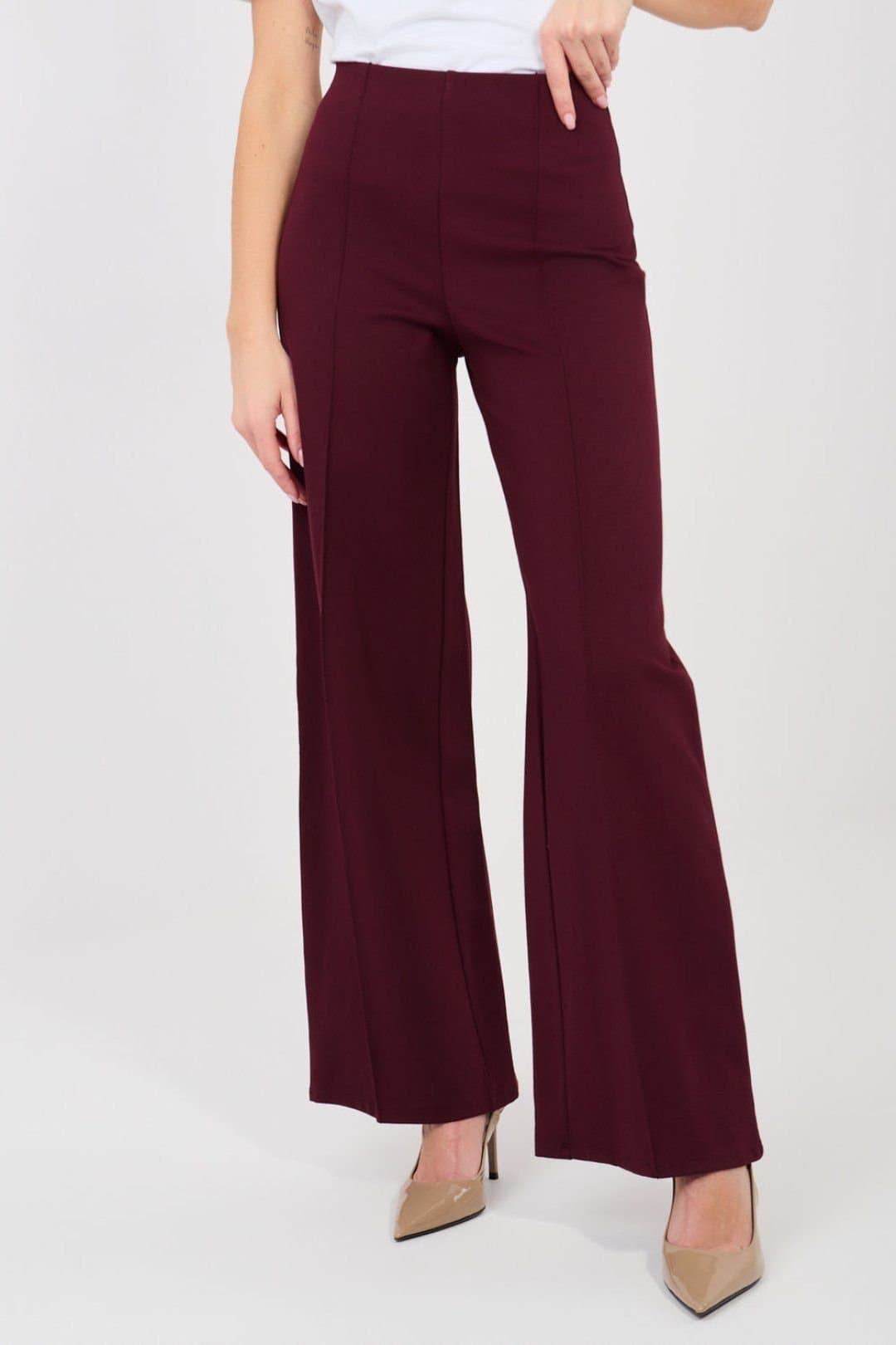 Love Lace Love Lace Women's High Waist Wide Leg Trousers Style 225558 in Burgundy