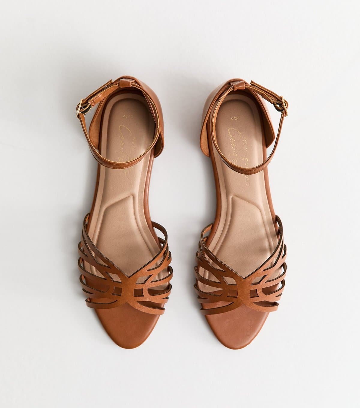 New Look Women's Tan Faux Leather Cut Out Strap Flat Sandals Vegan New Look