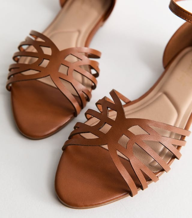 New Look Women's Tan Faux Leather Cut Out Strap Flat Sandals Vegan New Look - 3