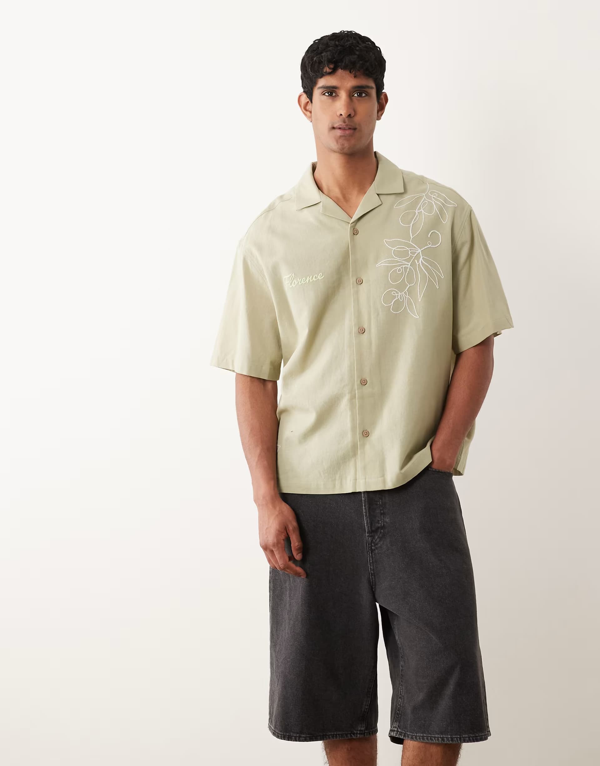 ASOS ASOS DESIGN oversized shirt with floral print in khaki