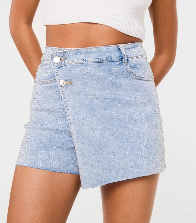 Pink Vanilla Women's Blue Denim Diamante Skort Pink Vanilla New Look - 3