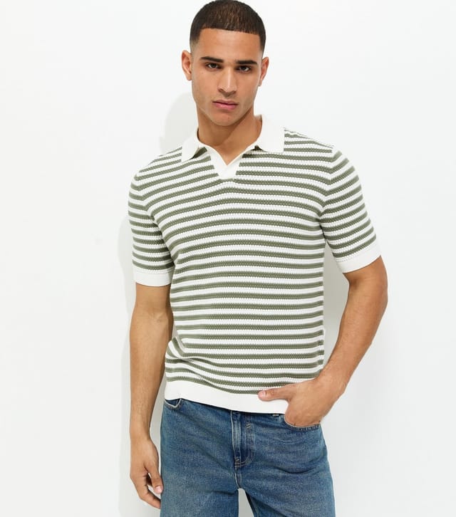 Only and Sons Men's Green Striped Knitted Polo Shirt Only and Sons New Look - 3