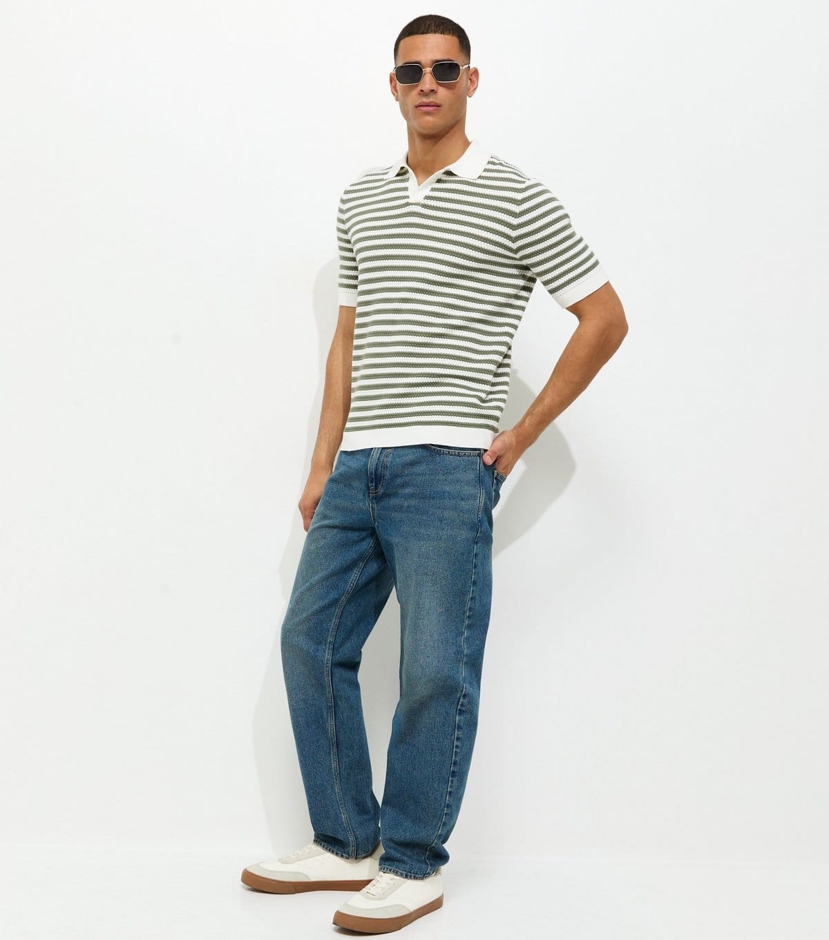 Only and Sons Men's Green Striped Knitted Polo Shirt Only and Sons New Look - 4