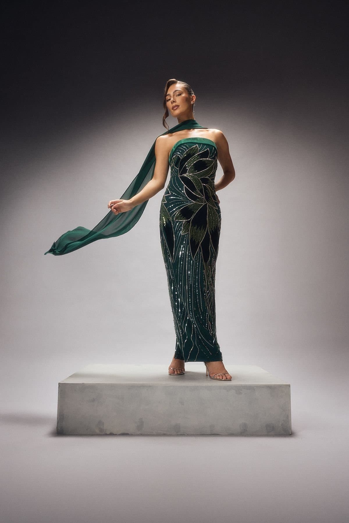 Coast Coast Women's Couture Bandeau Embellished Maxi Dress With Velvet Detail & Chiffon Scarf in Green