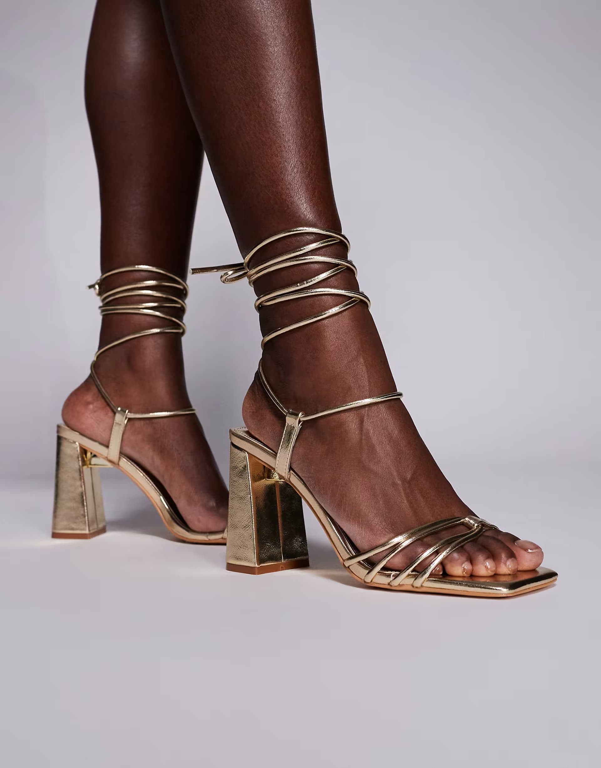 ASOS Public Desire Bergamot tie leg block heeled sandals in gold