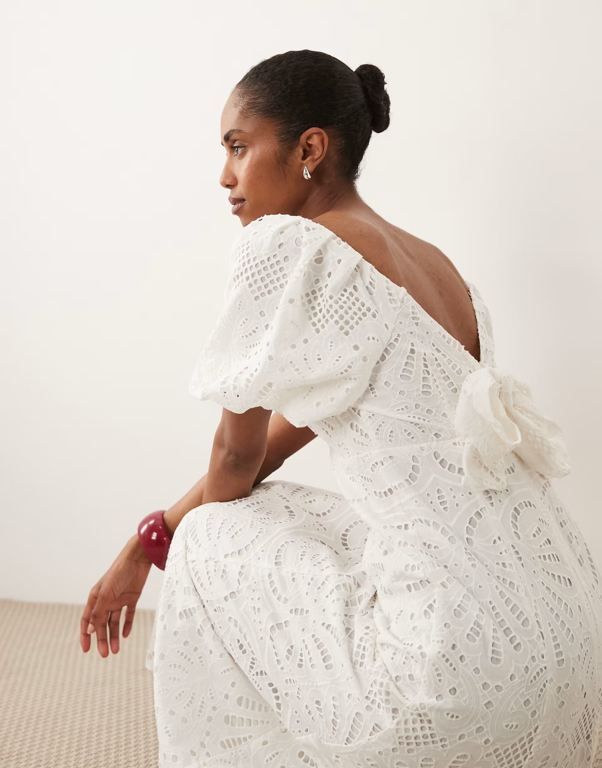 ASOS New Look puff sleeve cutork tie back midi dress in white