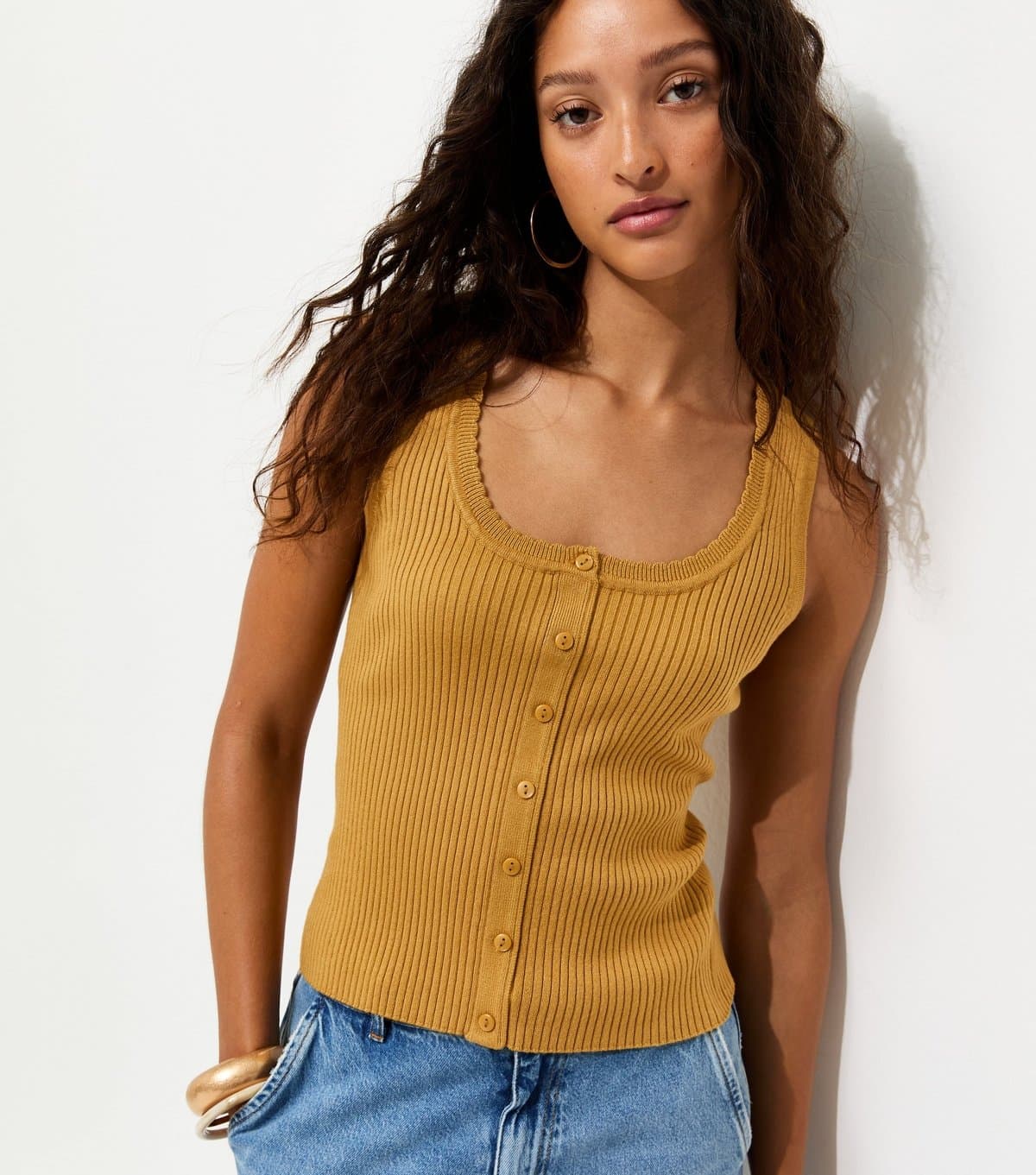 New Look Women's Dark Yellow Ribbed Knit Scoop Neck Button Front Vest Top New Look