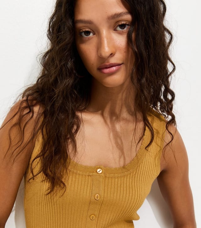 New Look Women's Dark Yellow Ribbed Knit Scoop Neck Button Front Vest Top New Look - 2