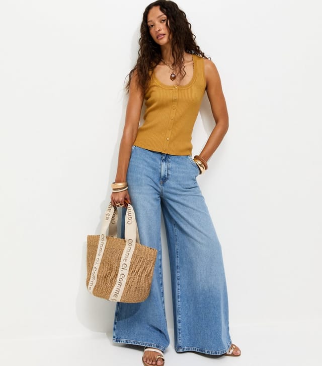 New Look Women's Dark Yellow Ribbed Knit Scoop Neck Button Front Vest Top New Look - 3