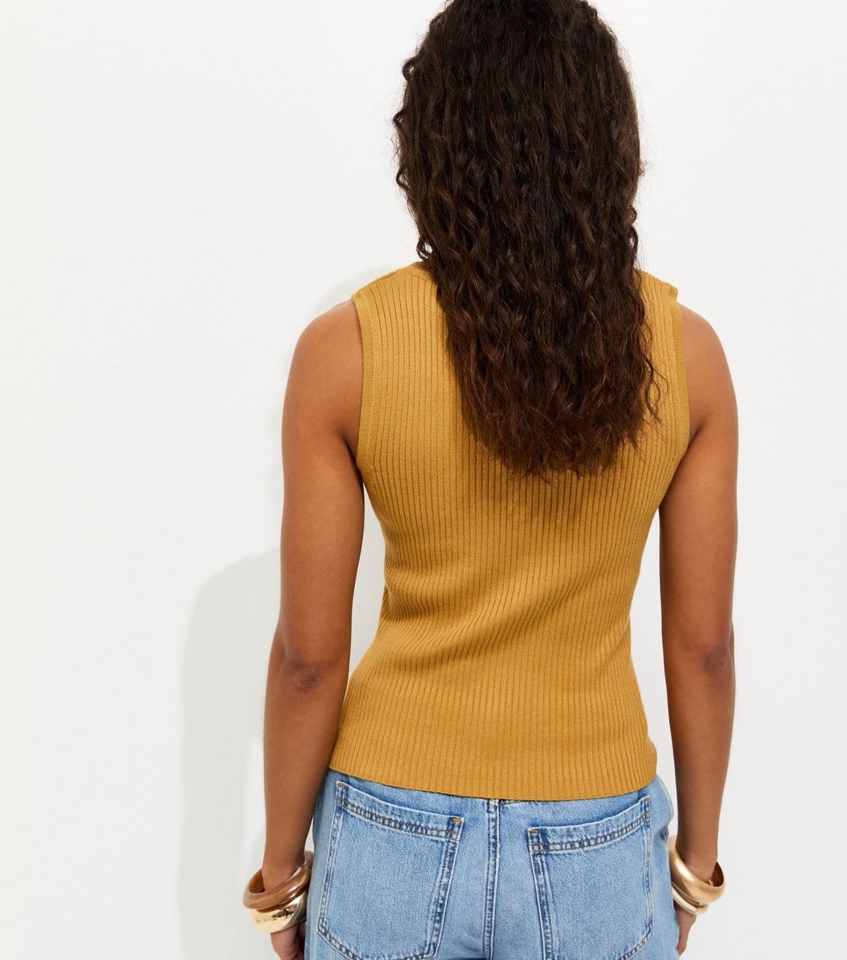 New Look Women's Dark Yellow Ribbed Knit Scoop Neck Button Front Vest Top New Look - 4