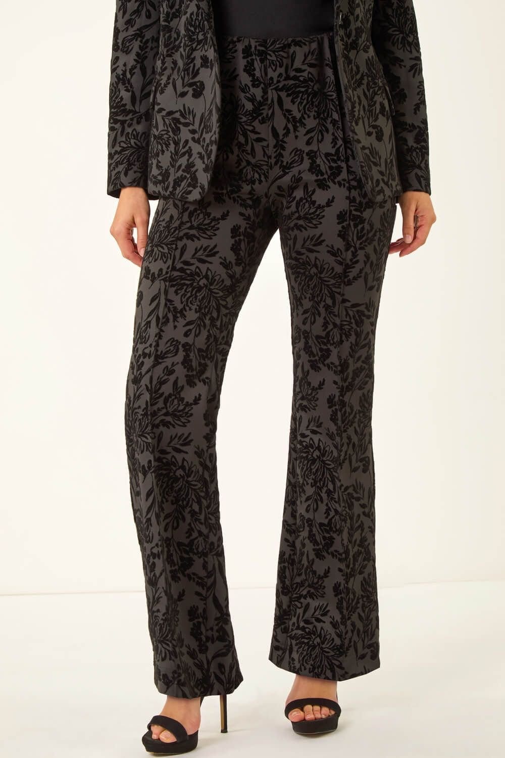 Dusk Dusk Women's Floral Flocked Premium Stretch Trousers in Black - 4