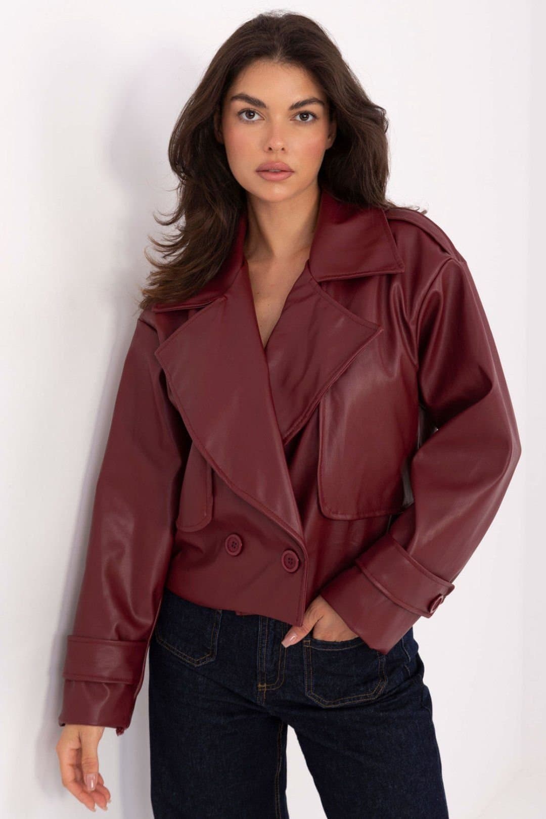 Love Lace Love Lace Women's Short Double Breasted Trench Coat Style 217550 in Burgundy