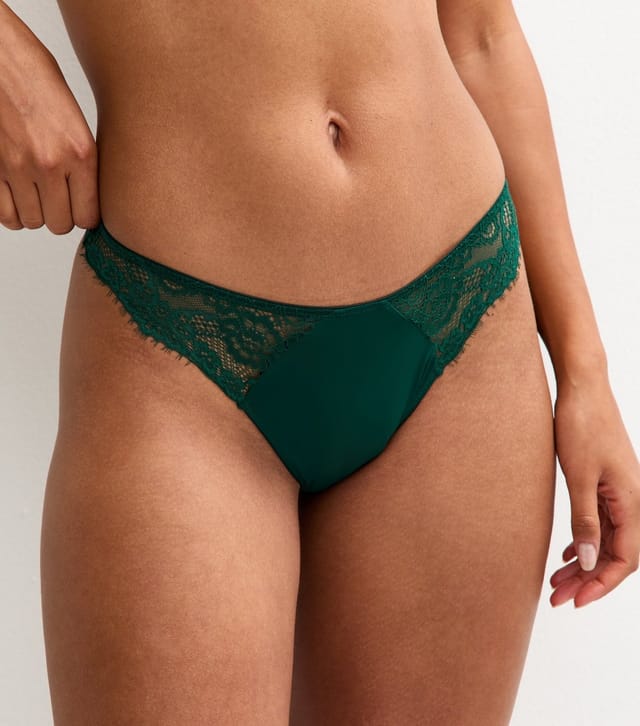 New Look Women's Dark Green Eyelash Lace Trim Thong New Look - 3