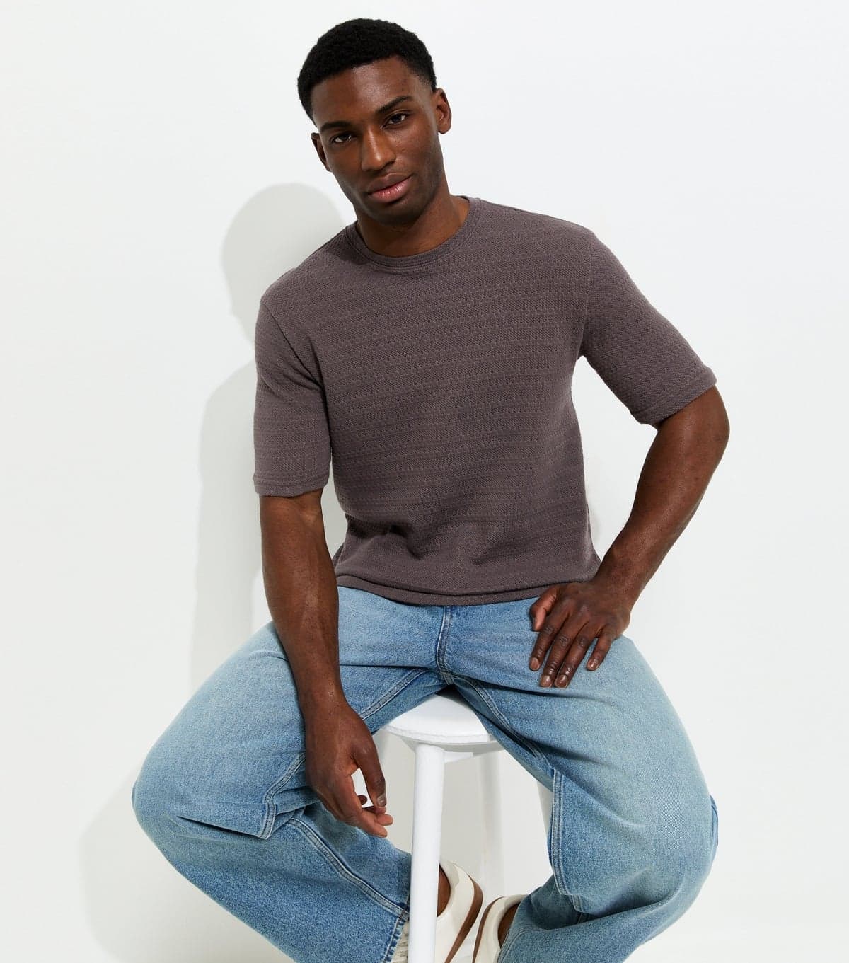 Only and Sons Men's Grey Regular Textured Cotton T-Shirt Only and Sons New Look