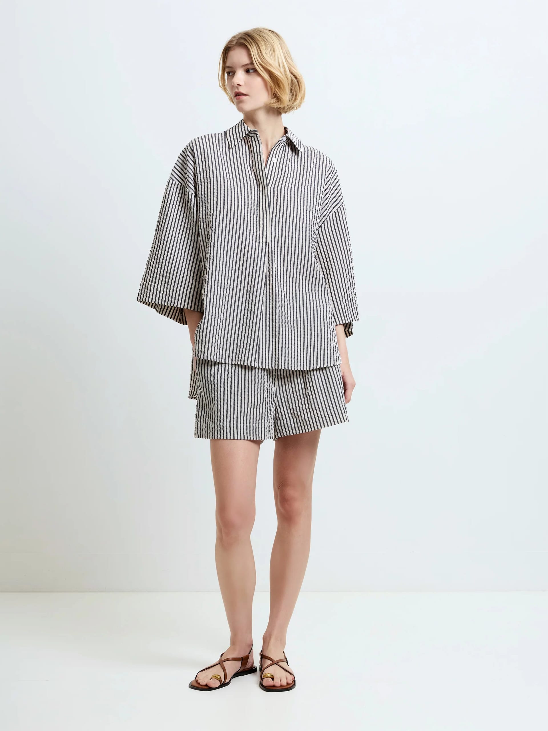 French Connection Off White Black Striped Seersucker Shirt