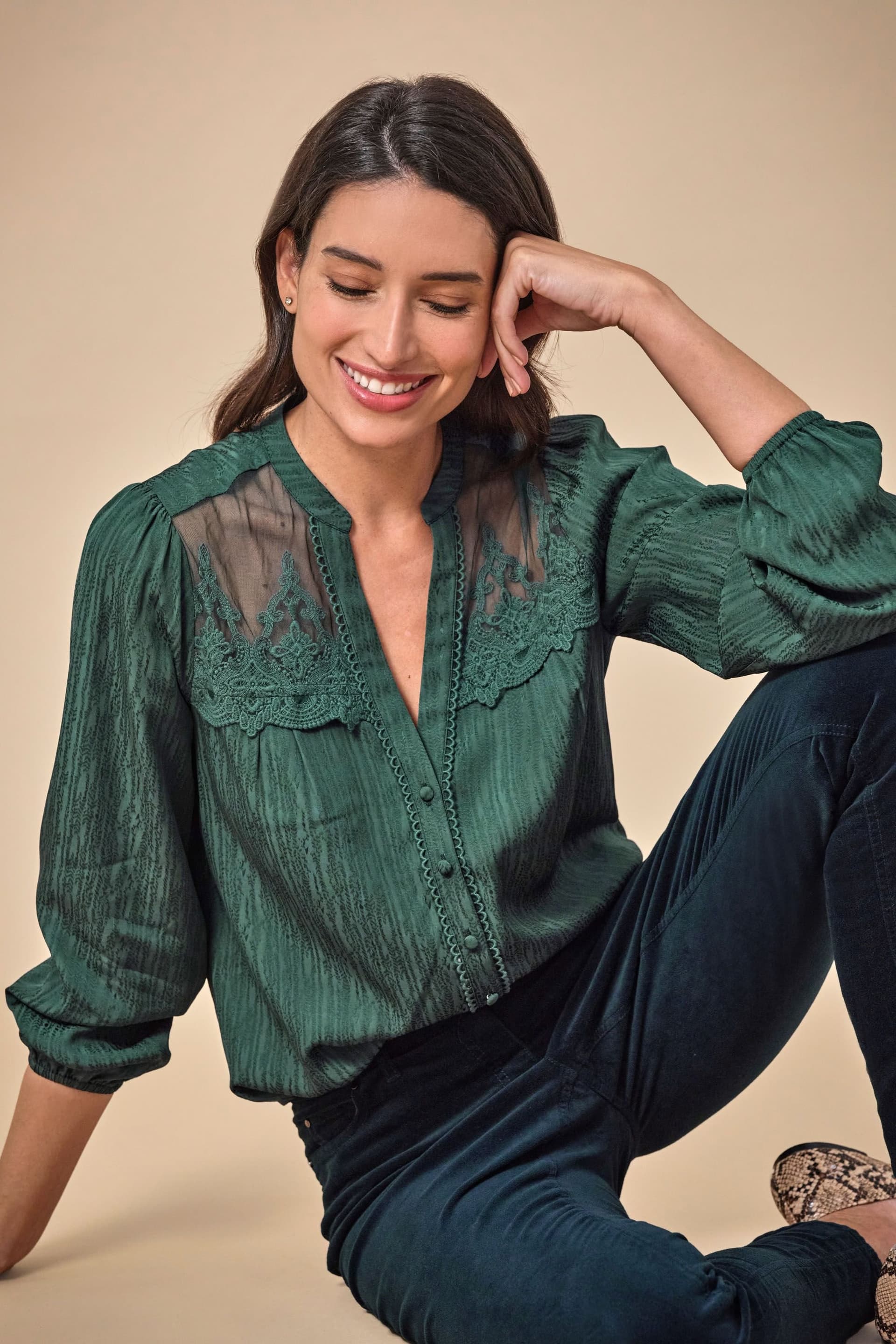 Pure Collection Pure Collection Women's Notch Neck Lace Trim Blouse in Emerald